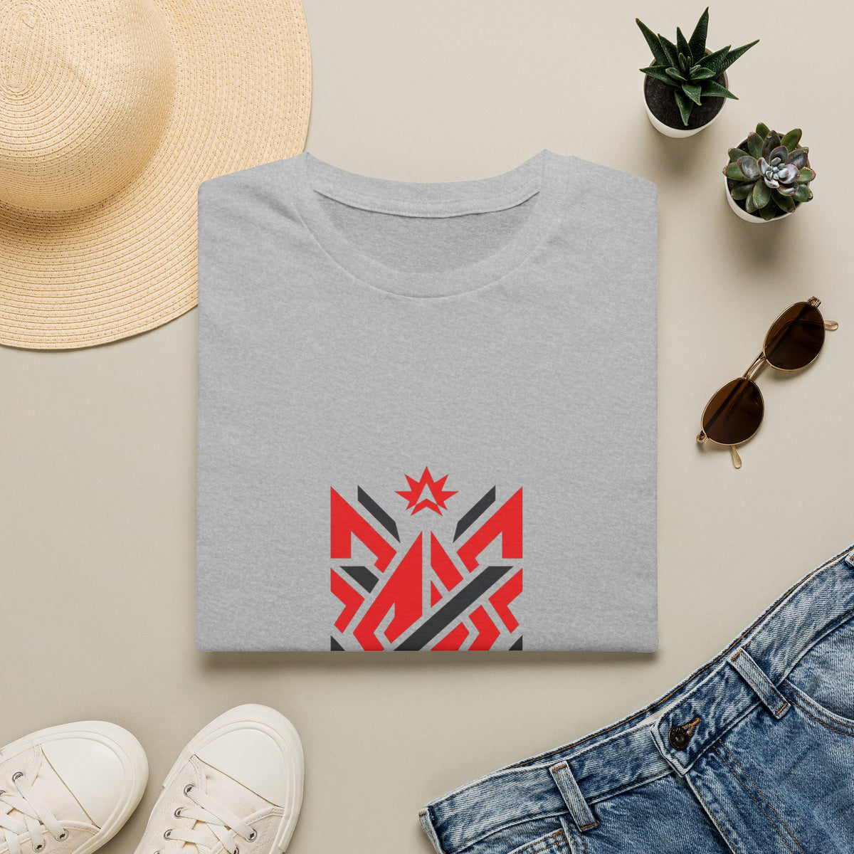 T-Shirt — Red Geometric Emblem Tee with Star Accent