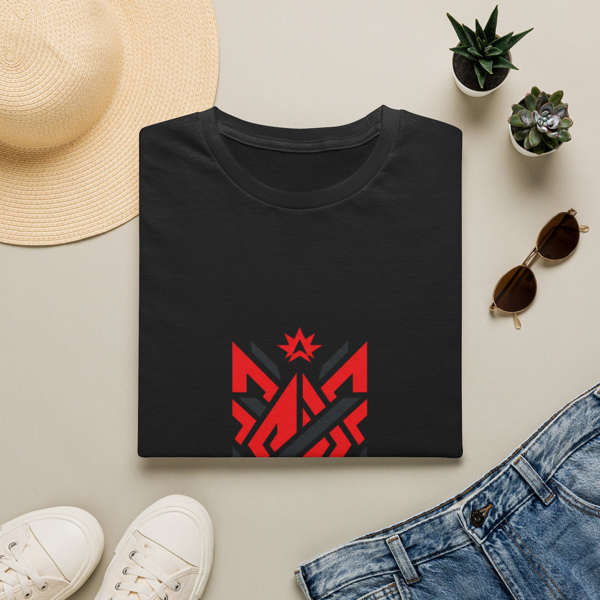 T-Shirt — Red Geometric Emblem Tee with Star Accent