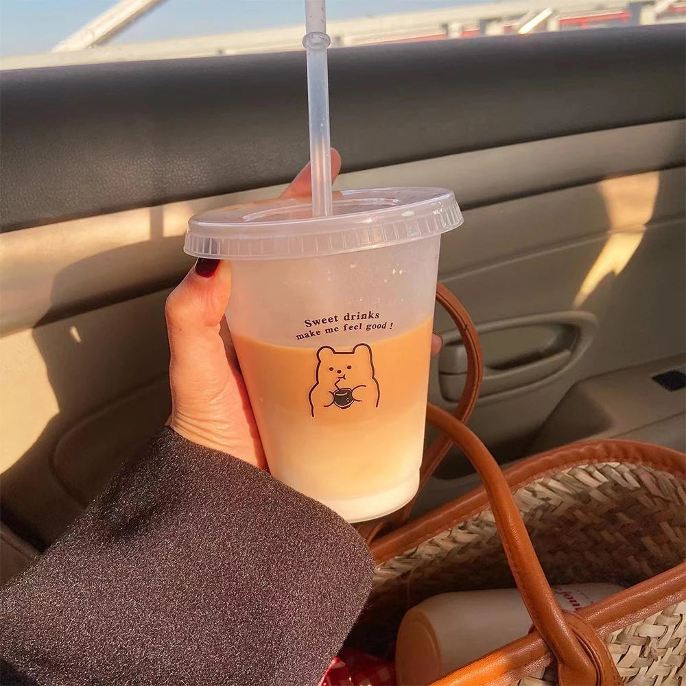 Reusable Plastic Cups With Lid Straw 480/700ML Water Bottle Drinking Bottle BPA Free Transparent Coffee Cup Milk Juice Mugs