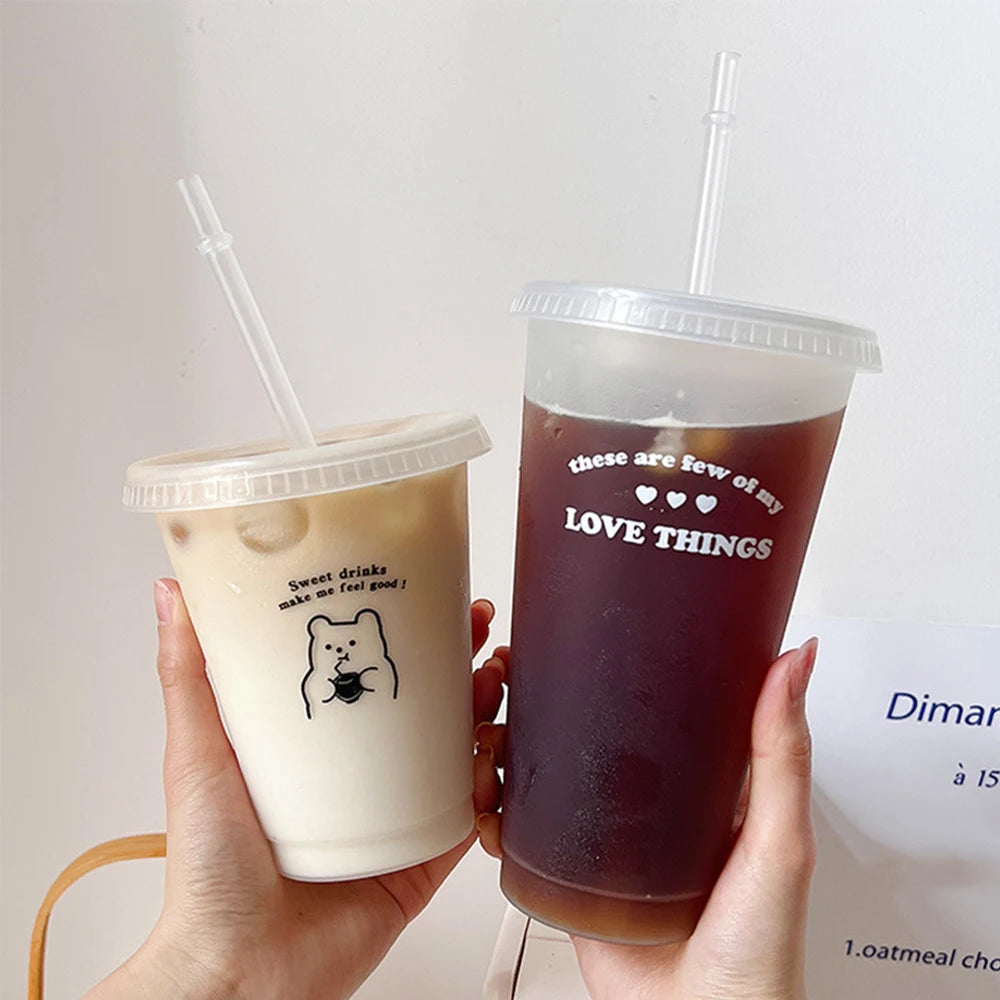 Reusable Plastic Cups With Lid Straw 480/700ML Water Bottle Drinking Bottle BPA Free Transparent Coffee Cup Milk Juice Mugs