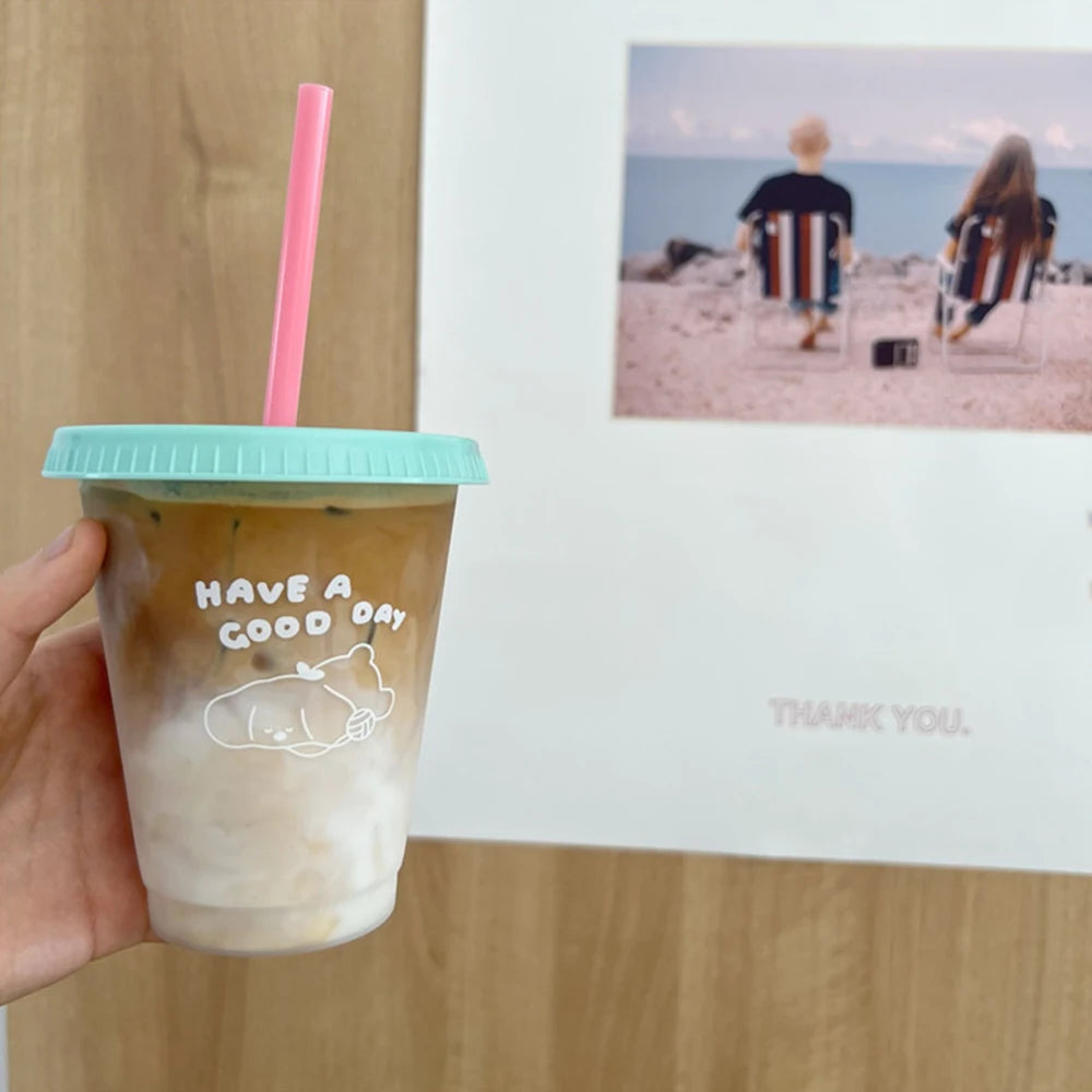 Reusable Plastic Cups With Lid Straw 480/700ML Water Bottle Drinking Bottle BPA Free Transparent Coffee Cup Milk Juice Mugs